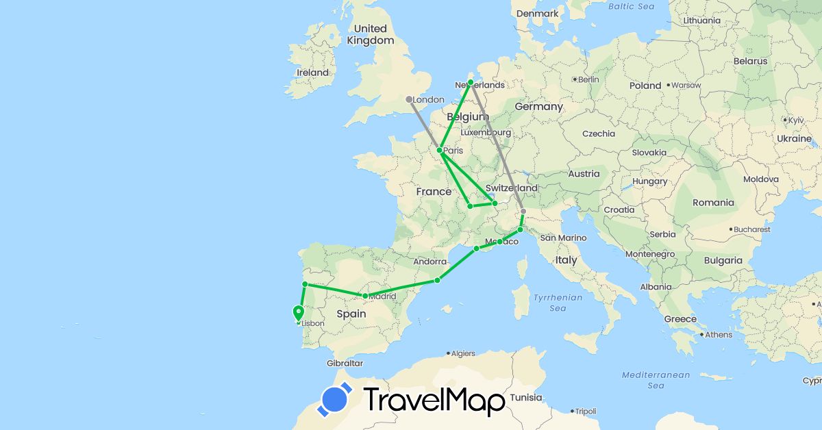 TravelMap itinerary: driving, bus, plane in Spain, France, United Kingdom, Italy, Netherlands, Portugal (Europe)
